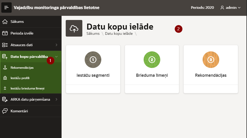 Datu kopu ielādes sānu menu.