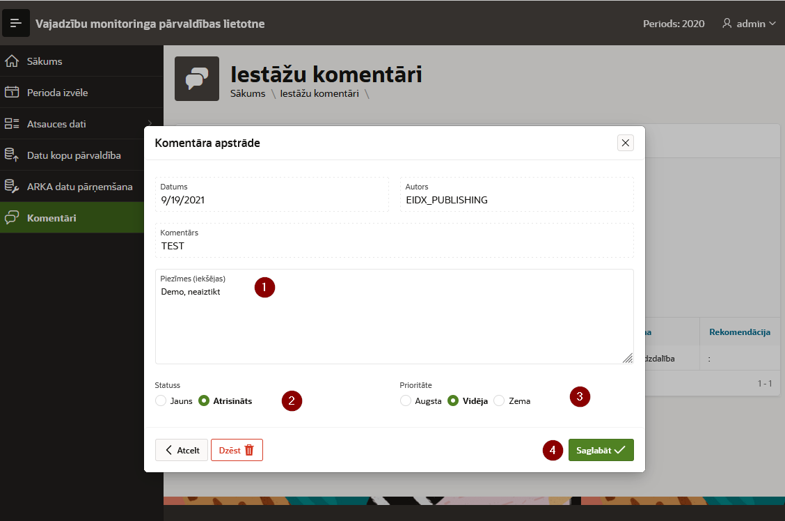 Komentāra apskates ekrāns.