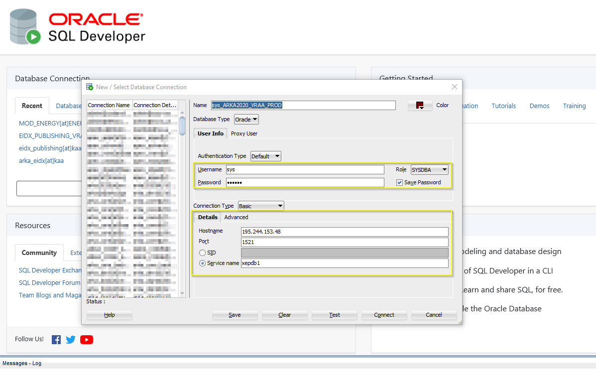 Pieslēgšanās SQL*Developer ar SYS lietotāju